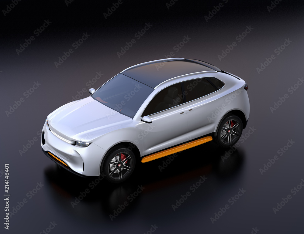 Silver electric vehicle on black background. 3D rendering image. Silver electric vehicle on black background. 3D rendering image.