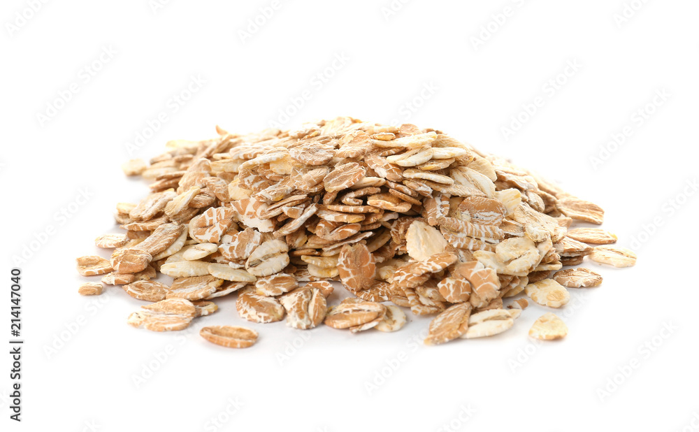 Raw oatmeal on white background. Healthy grains and cereals Raw oatmeal on white background. Healthy grains and cereals