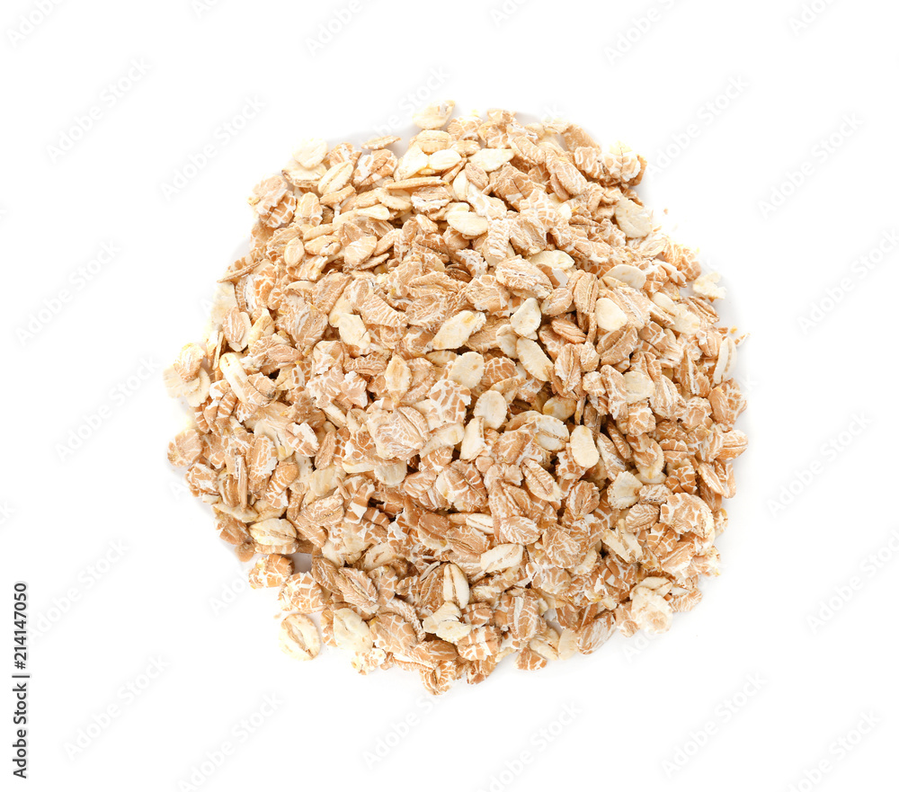 Raw oatmeal on white background. Healthy grains and cereals Raw oatmeal on white background. Healthy grains and cereals