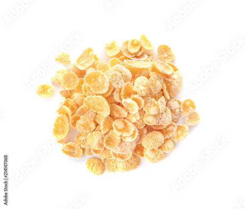 Corn flakes on white background. Healthy grains and cereals