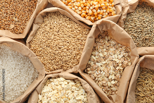 Fototapeta Paper bags with different types of grains and cereals as background
