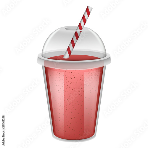 Plastic cup red smoothie mockup. Realistic illustration of plastic cup red smoothie vector mockup for web design isolated on white background