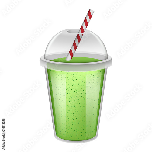 Plastic cup green smoothie mockup. Realistic illustration of plastic cup green smoothie vector mockup for web design isolated on white background
