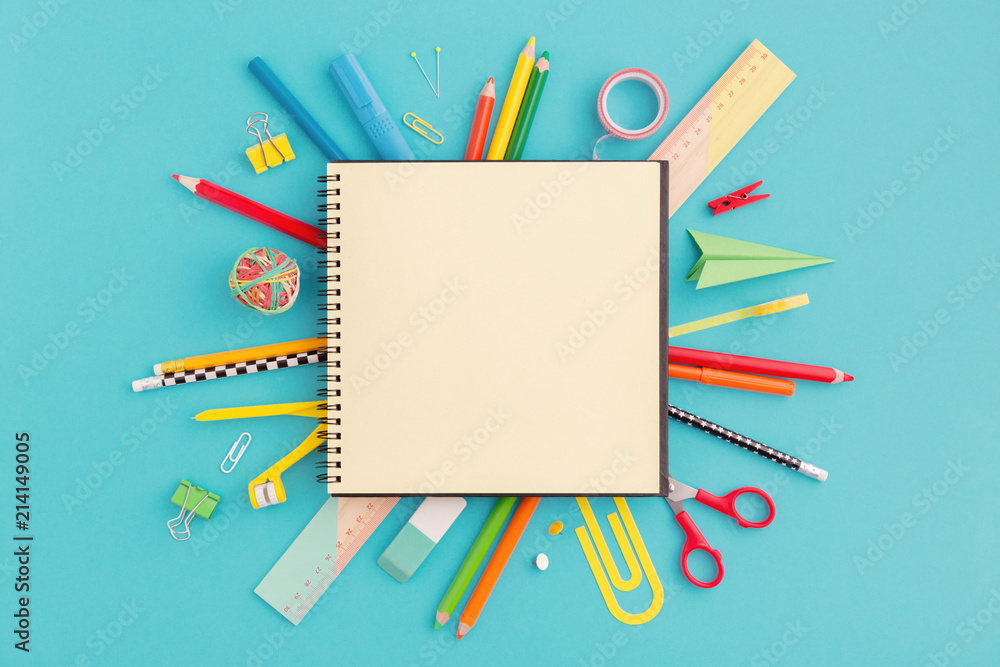 School notebook and stationery. Back to school, creative concept, flat lay.. - obrazy, fototapety, plakaty 