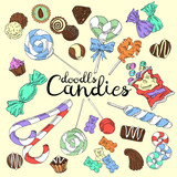 Set of colorful candies. Chocolate, caramel, lollipops and jelly candies isolated on background. Hand drawn doodle grahic.