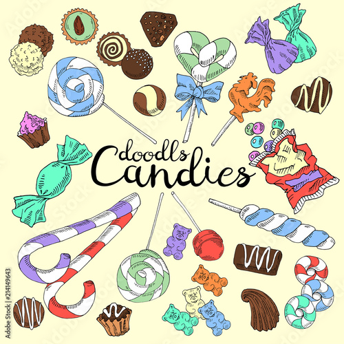 Set of colorful candies. Chocolate  caramel  lollipops and jelly candies isolated on background. Hand drawn doodle grahic.