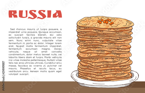Banner with pancakes with red caviar on the table, inscription russia and place for text. Traditional russian food. Hand drawn doodle illustration