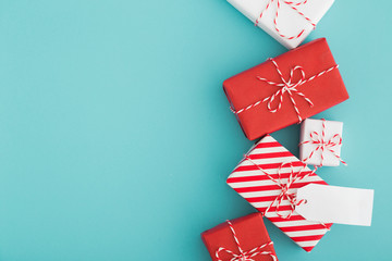 Holiday background with a christmas presents. Panorama, flat lay.	
