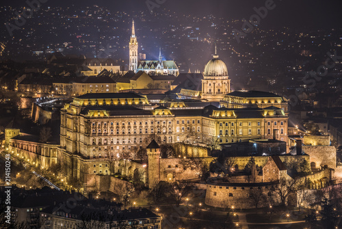 Buda Castle or Royal Palace in Budapest, Hungary Illuminated at Night