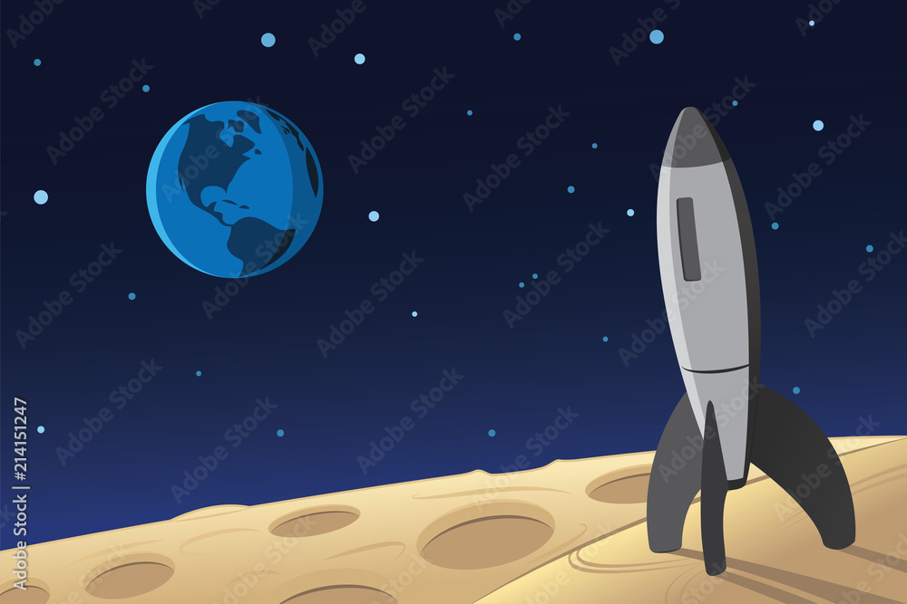 Fototapeta premium Rocket Landed on Moon Surface and Earth on the Background Scene