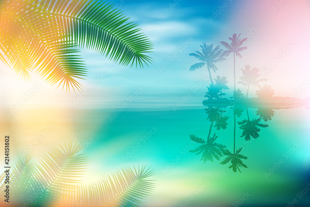 Summer sea with island and palm trees and palm leaves. EPS10 vector.
