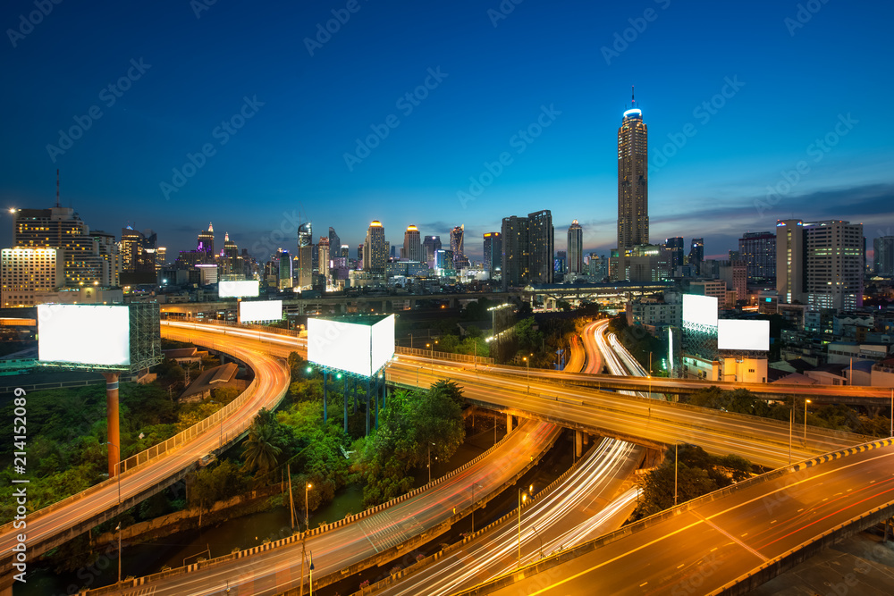 Panoramic Bangkok city building modern business district with expressway in downtown at twilight in Bangkok, Thailand..