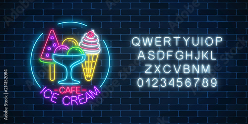 Glowing neon ice cream cafe signboard with alphabet and three kinds of ice cream. Fruit ice-cream in waffle cone.