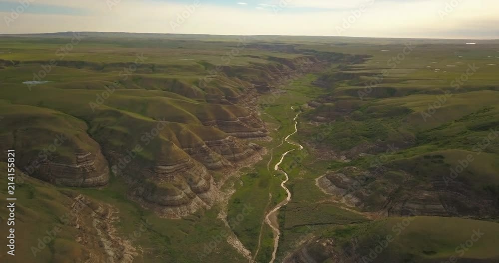 4K Overview of Valley in Drumheller, Alberta, Canada - daytime, Aerial, high elevation