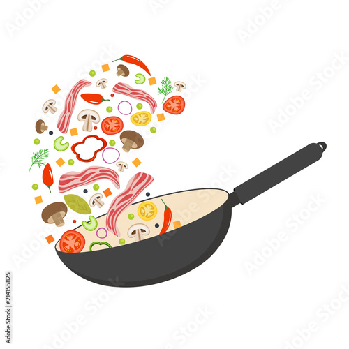 Wok pan, tomato, paprika, pepper, mushroom and bacon. Asian food. Flying vegetables with pork bacon. Flat vector illustration.