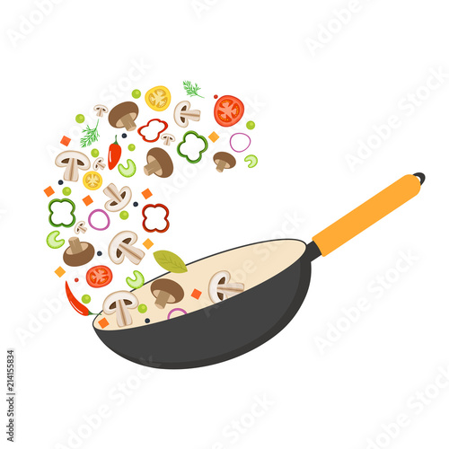 Wok pan, tomato, paprika, pepper, shiitake mushroom and carrots. Asian food. Fresh flying vegetables. Flat vector illustration.