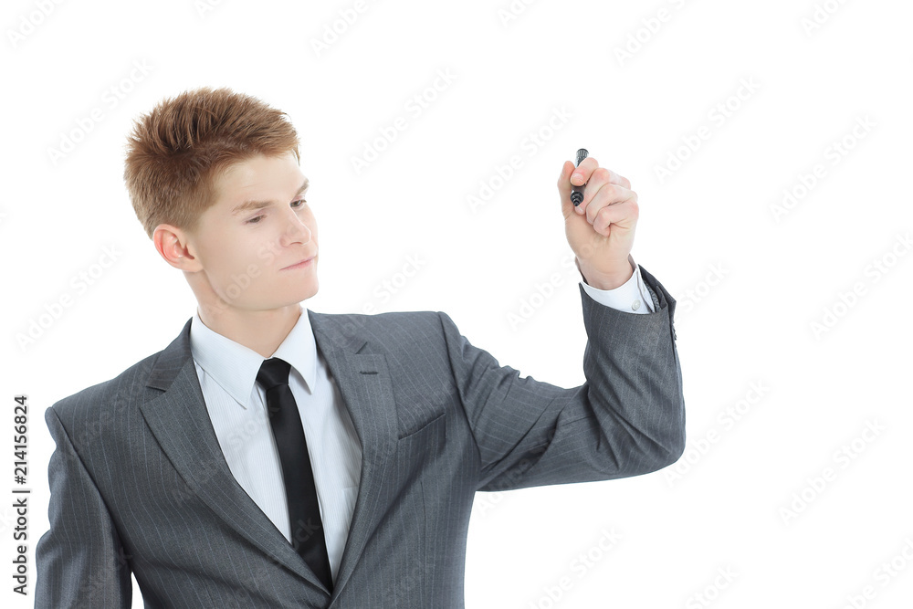 businessman pointing with a marker on the virtual point. businessman pointing with a marker on the virtual point.