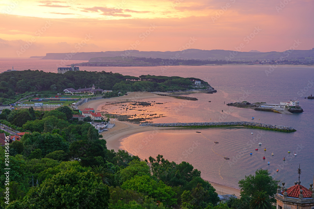 Colorful sunset sky over the Magdalena Peninsula in Santander, Cantabria, Spain