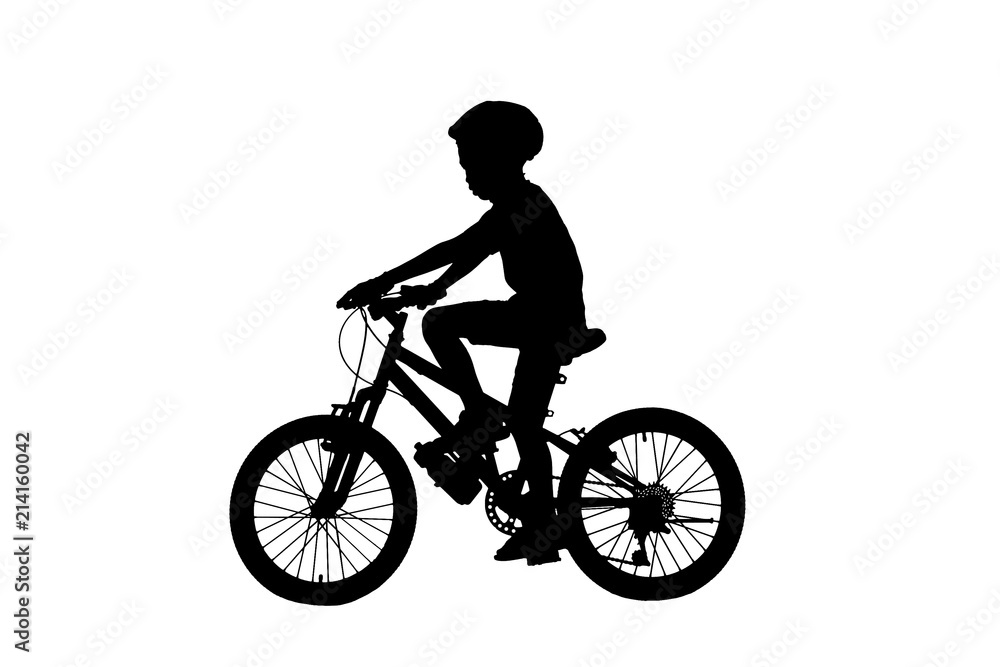 Obraz premium Silhouette boy and bike relaxing on white background