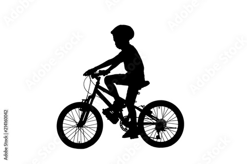 Silhouette boy and bike relaxing on white background