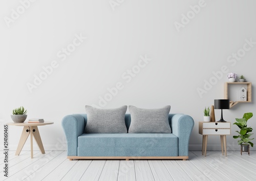 Empty living room with sofa ,lamp,cabinet,plants,and white wall in the background,3d rendering
