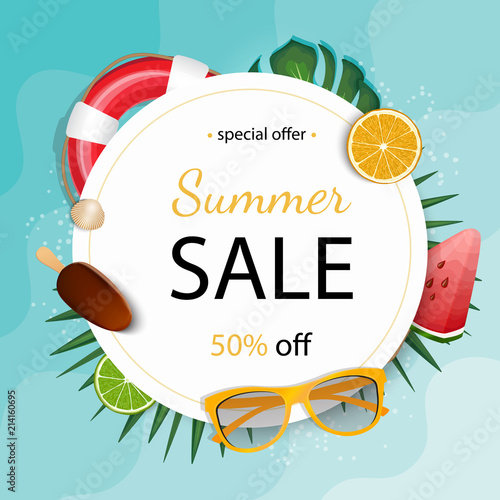 Summer sale banner vector illustration. Summer elements in colorful backgrounds.