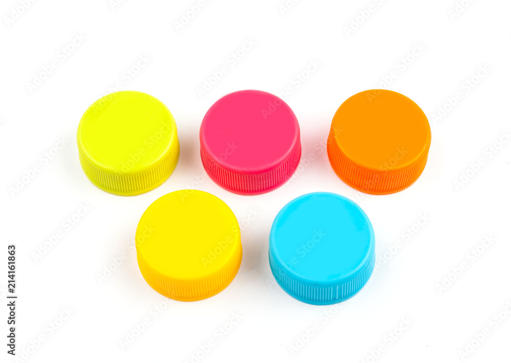 Colorful Plastic bottle caps on white background