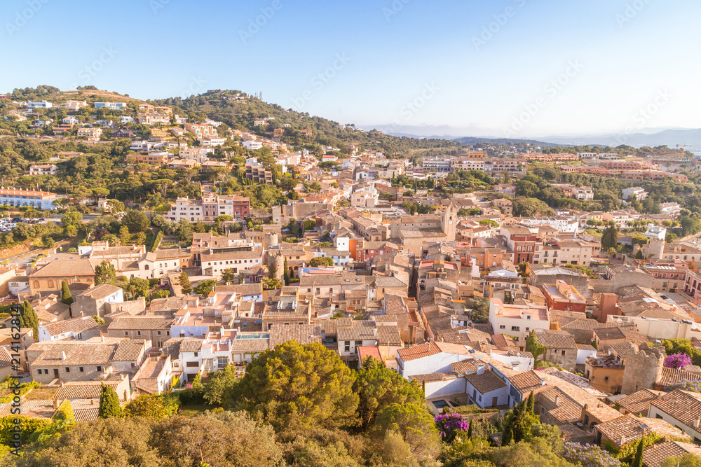 aerial view of the city of Begur in Spain, a sunny day