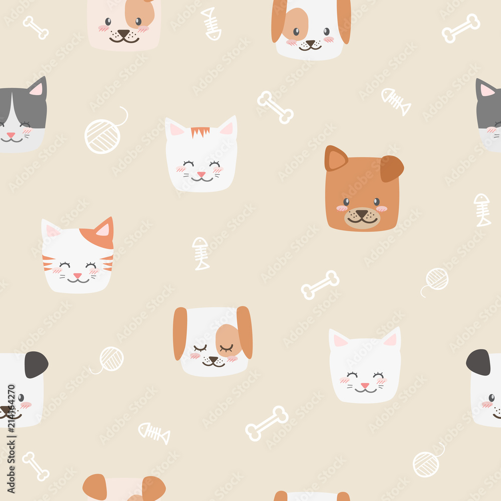 Cute adorable pastel cat kitten dog puppy cartoon doodle seamless pattern background wallpaper
