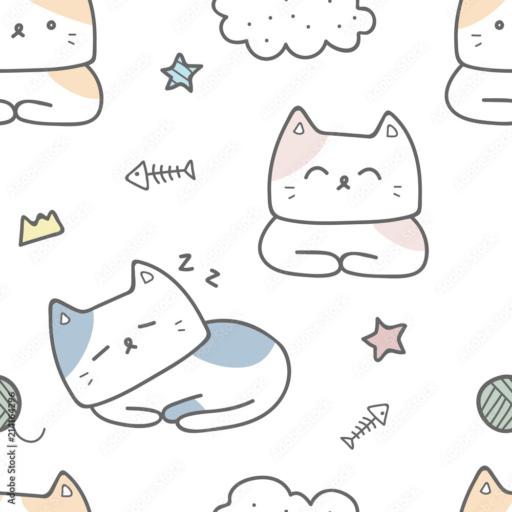 Cute adorable pastel cat kitten cartoon doodle seamless pattern background  wallpaper Stock Vector | Adobe Stock