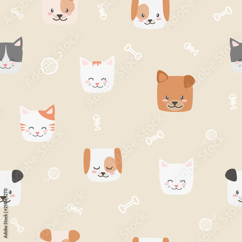 Cute adorable pastel cat kitten dog puppy cartoon doodle seamless pattern background wallpaper