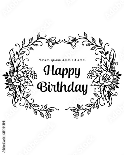 Happy birthday floral frame, vector doodle invitation background