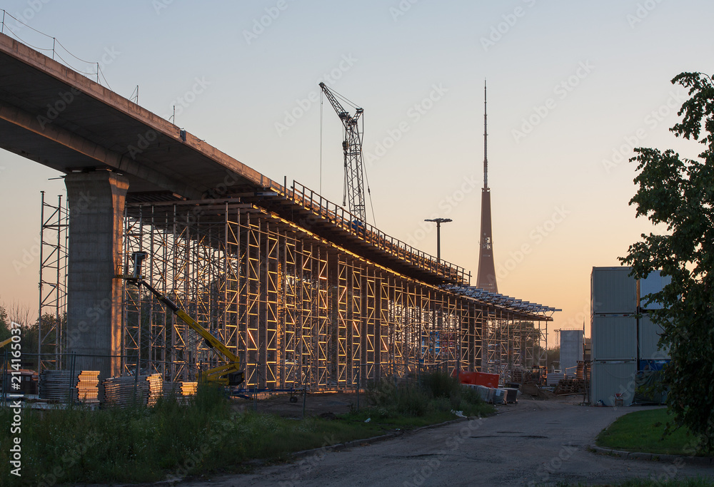 Construction of  viaduct to new South bridge in Riga. Latvia.