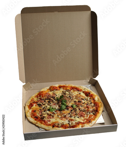 Cheesy pizza in a pizza box ready for delivery