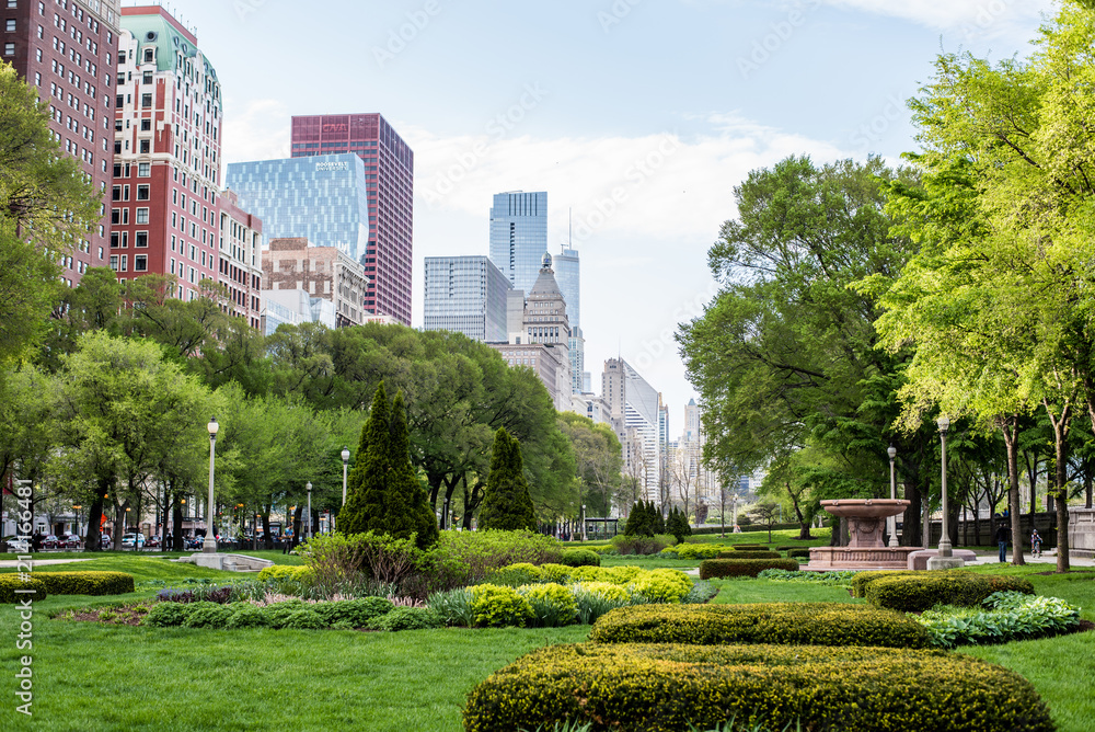 chicago city skyline in sping 