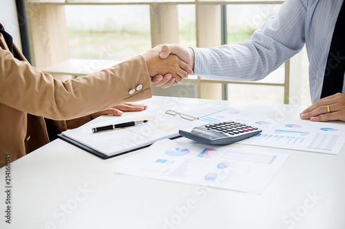 Business confident handshake and business people after discussing , success concept