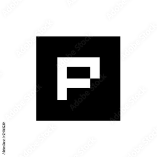 P Letter Logo, With Square Shape, Pixel Art Style, Black and White Illustration