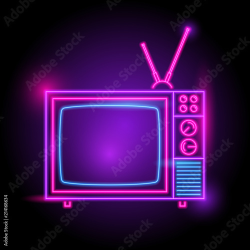 Television neon logo. glow in the dark. electric theme season. party night club. vector eps10.