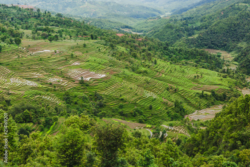 Arieal View of Beautiful Nepali Village sorrounded by the Green Forest,Mountain Village,Gorkha Nepal