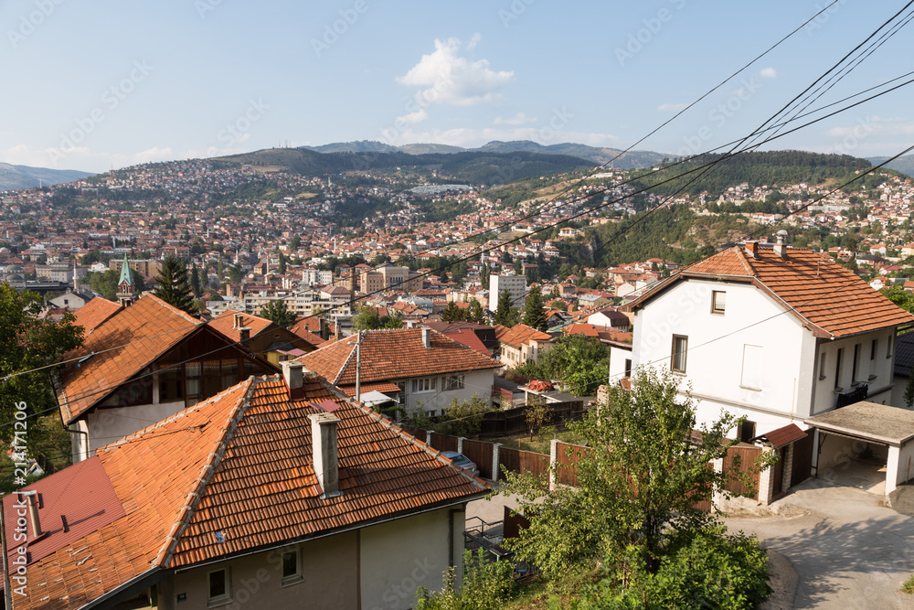 A distant view of Saravejo old town from a residential district on a hill south of Bosnia and Herzegovina capital city in Eastern Europe A distant view of Saravejo old town from a residential district on a hill south of Bosnia and Herzegovina capital city in Eastern Europe