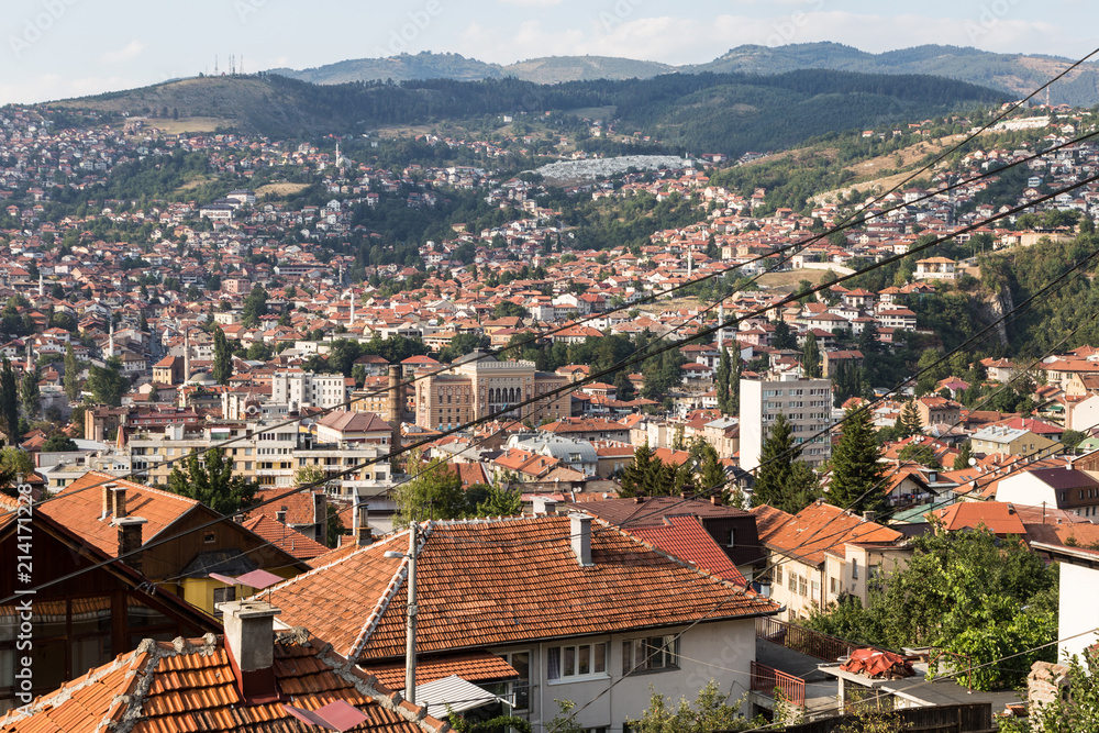 A distant view of Saravejo old town from a residential district on a hill south of Bosnia and Herzegovina capital city in Eastern Europe