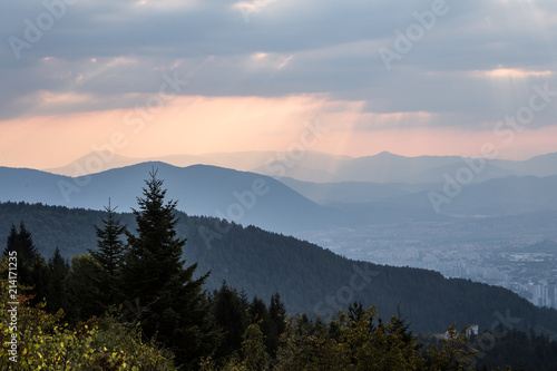 Sunset from the hills surrounding Sarajevo, visible on the bottom right, in Bosnia and Herzegovina capital city in Europe