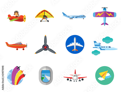 Plane Icon Set. Air Show Paper Plane Flying Aeroplane Airplane Propeller Big Aircraft Jet Plane Kids Plane Old Flying Machine Target Window Airplane Front View Hang-glider