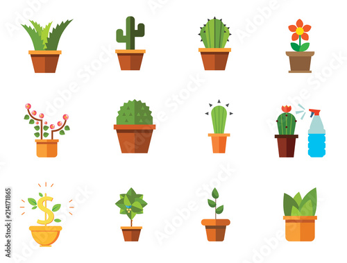 Growing Flowers Icon Set. Money Tree Cactus In Pot Cactus And Spray Bottle Plant Blooming Flower Chinese Peach Tree Cactus Red Flower Cactus In Flower Pot Tree In Pot Aloe Vera