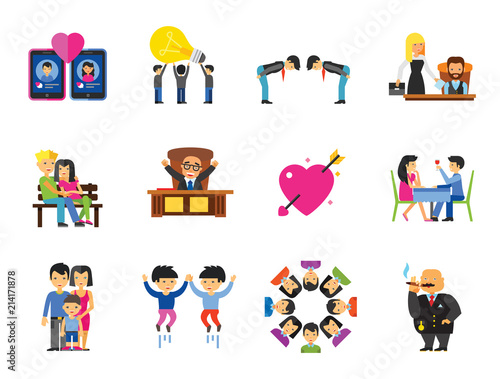 Human Relations Icon Set. Family Showing Respect Amour Symbol Couple On Park Bench Dating Team Dinner Friends Greeting Boss Director Common Idea Rich Person