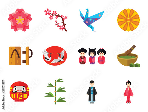 Japanese Icon Set. Umbrella Bamboo Daruma Doll Japanese Flower Japanese Cranes Kokeshi Dolls Sakura Branch Woman In Kimono Japanese Man Geta Origami Crane Matcha Tea Chrysanthemum Ornament