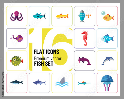Fish icons set with dolphin, shark and seahorse. Thirteen vector icons