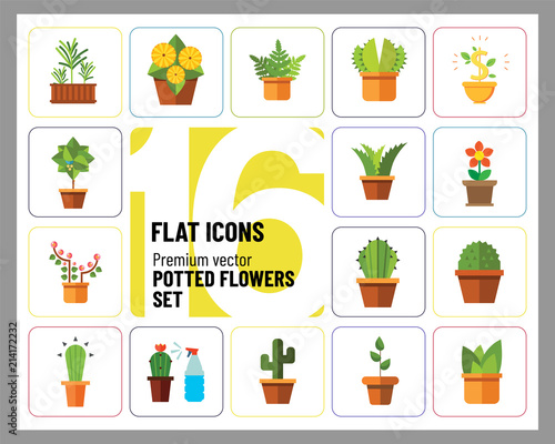 Potted Flowers Icon Set. Money Tree Cactus In Pot Cactus And Spray Bottle Plant Blooming Flower Chinese Peach Tree Cactus Red Flower Cactus In Flower Pot Tree In Pot Aloe Vera