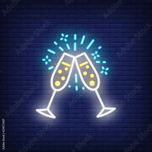 Couple of Champaign flutes. Neon sign element. Celebration concept. Vector illustration for success, engagement, festive event