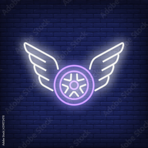 Neon icon of flying wheel. Tire shop, fitting, wings. Car service concept. Can be used for maintenance, garage, repair center